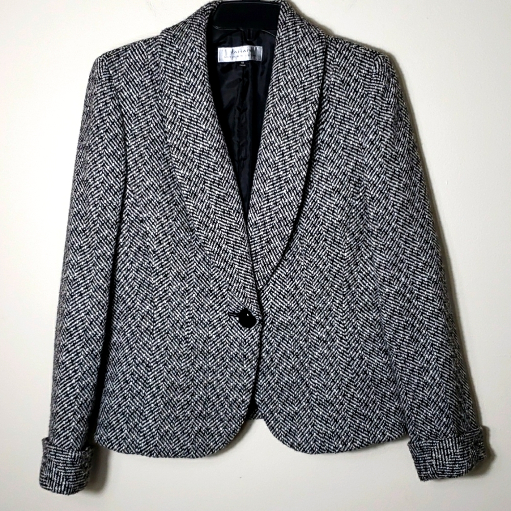Tahari tweed black white blazer, career suit jacket, fall winter, single button